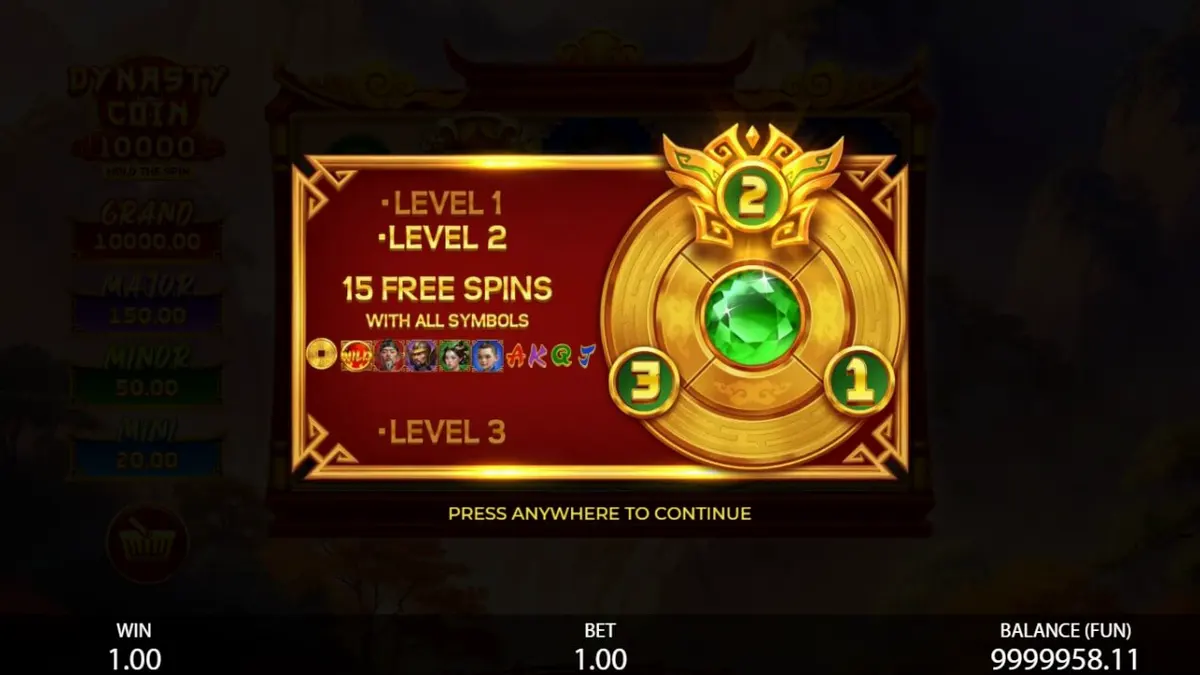 Interface do jogo Dynasty Coin 10,000: Hold the Spin em um smartphone